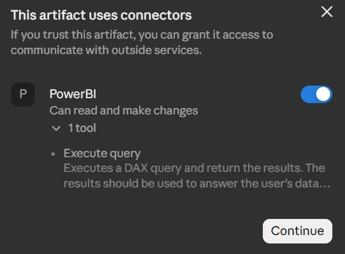 Melding in Claude dat een artifact de PowerBI-connector wil gebruiken, met de tool Execute query en de knop Continue