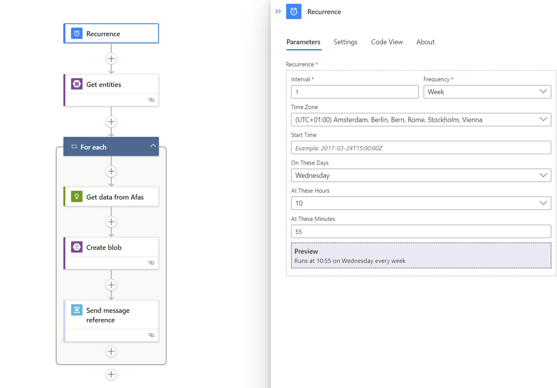 Logic App workflow with a weekly trigger that retrieves data from AFAS and saves it as a blob