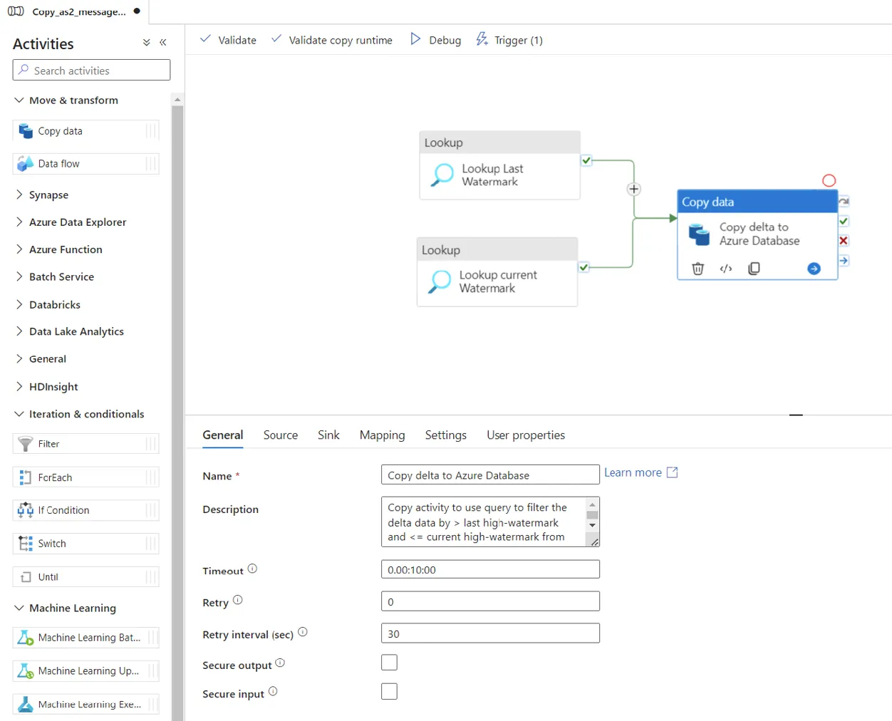 Pipeline in Azure Data Factory with two lookup activities and a copy activity to Azure Database