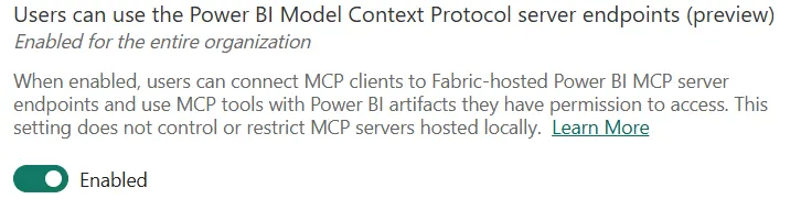 De tenantinstelling Users can use the Power BI Model Context Protocol server endpoints (preview), ingeschakeld voor de hele organisatie