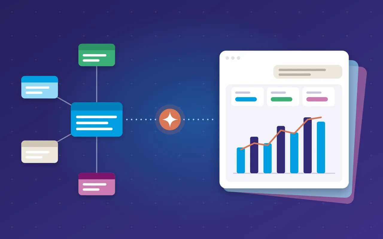 Illustratie van een Power BI semantisch model dat via een AI-assistent een dashboard en slides vult