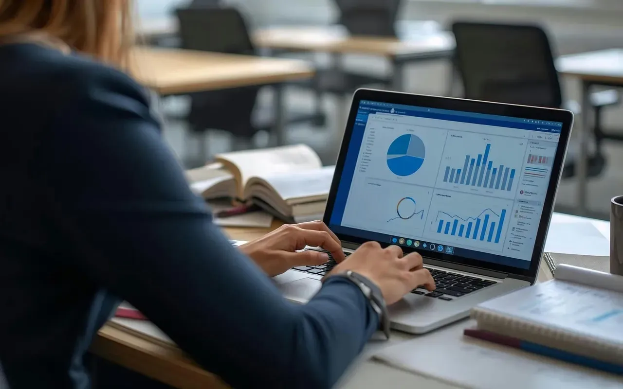 Medewerker analyseert grafieken in Excel op een laptop